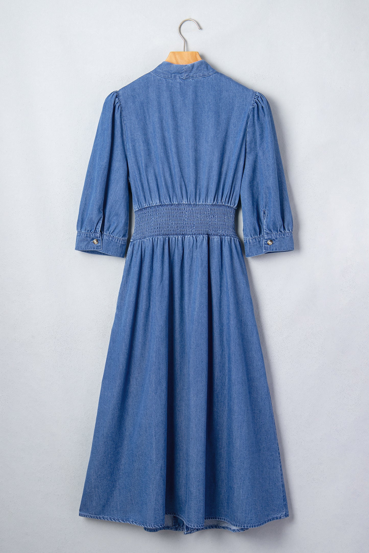 Plus Size V Neck Shirred Waist Denim Midi Dress - Plus Size Clothing