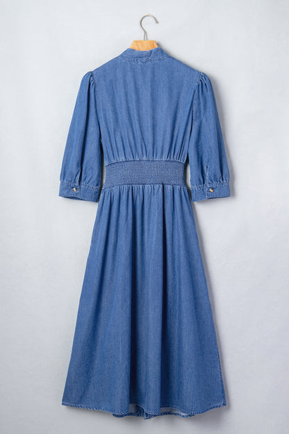 Plus Size V Neck Shirred Waist Denim Midi Dress - Plus Size Clothing