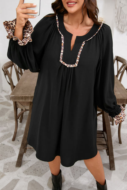 Plus Size Notched Neck Leopard Trim Flounce Dress - Plus Size XL-4XL - View 6
