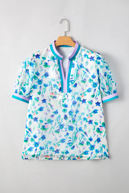 Plus Size Green Floral Colorblock Puff Sleeve Blouse - Plus Size Clothing
