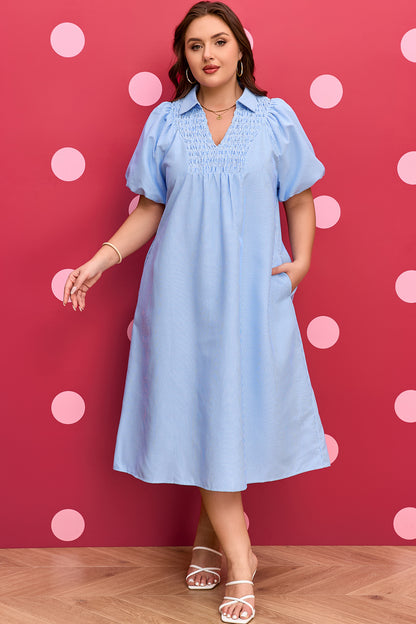 Plus Size Striped Shirred Collar V-Neck Midi Dress - Plus Size XL-4XL - View 8