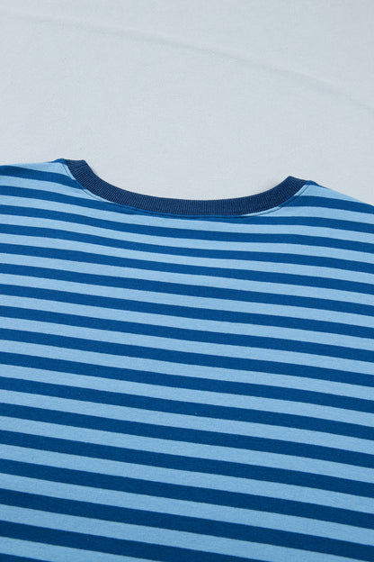Plus Size Blue Striped Dropped Shoulder Tee and Shorts Set - Plus Size XL-4XL - View 6