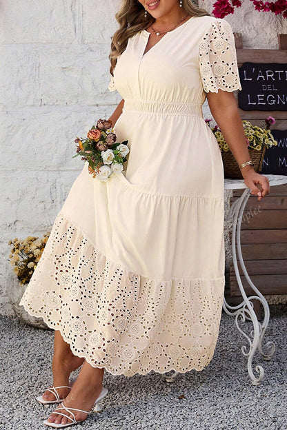 Plus Size V-Neck Lacy Embroidery Short Sleeve Maxi Dress - Plus Size Clothing