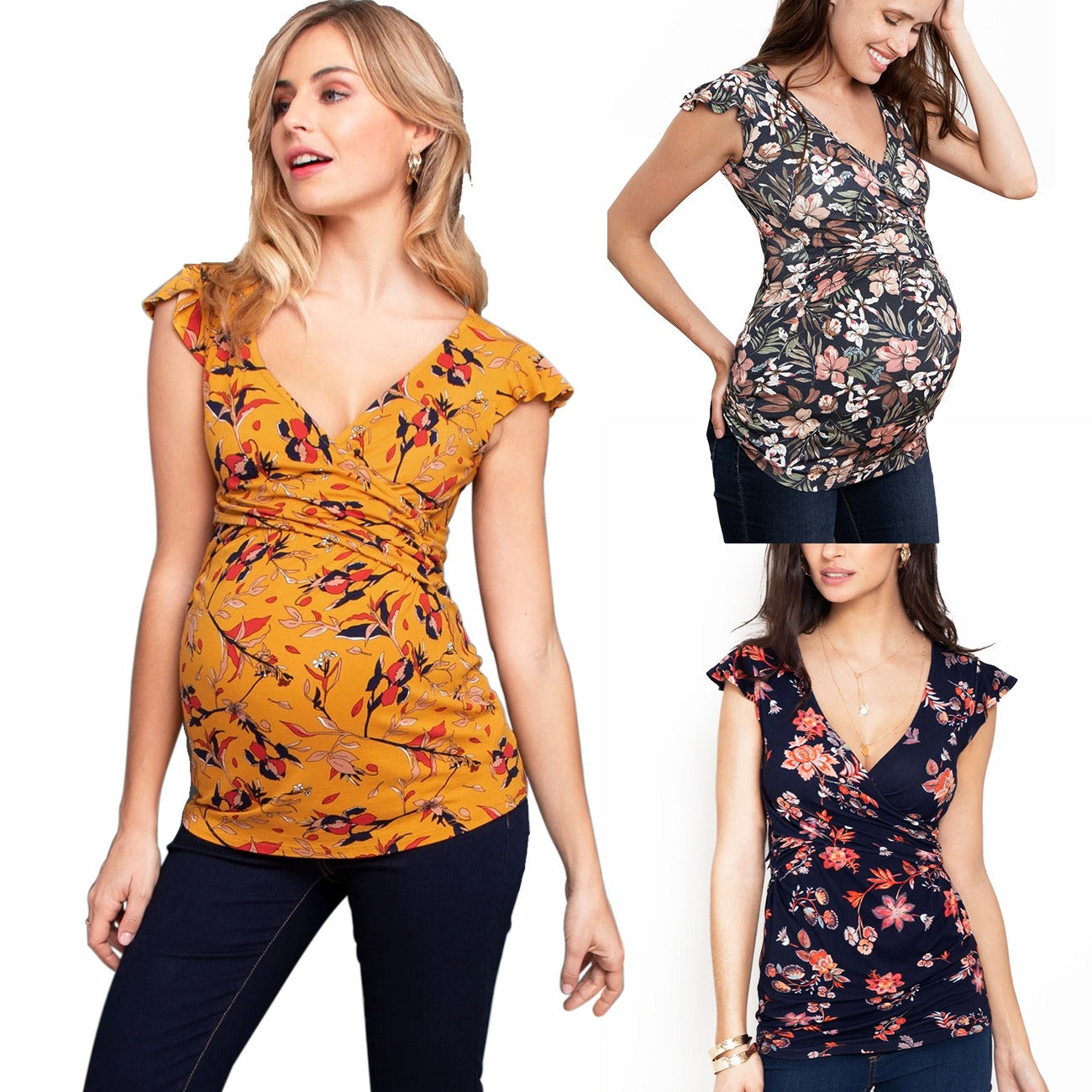 Plus Size Maternity Deep V-Neck Printed Breastfeeding Top