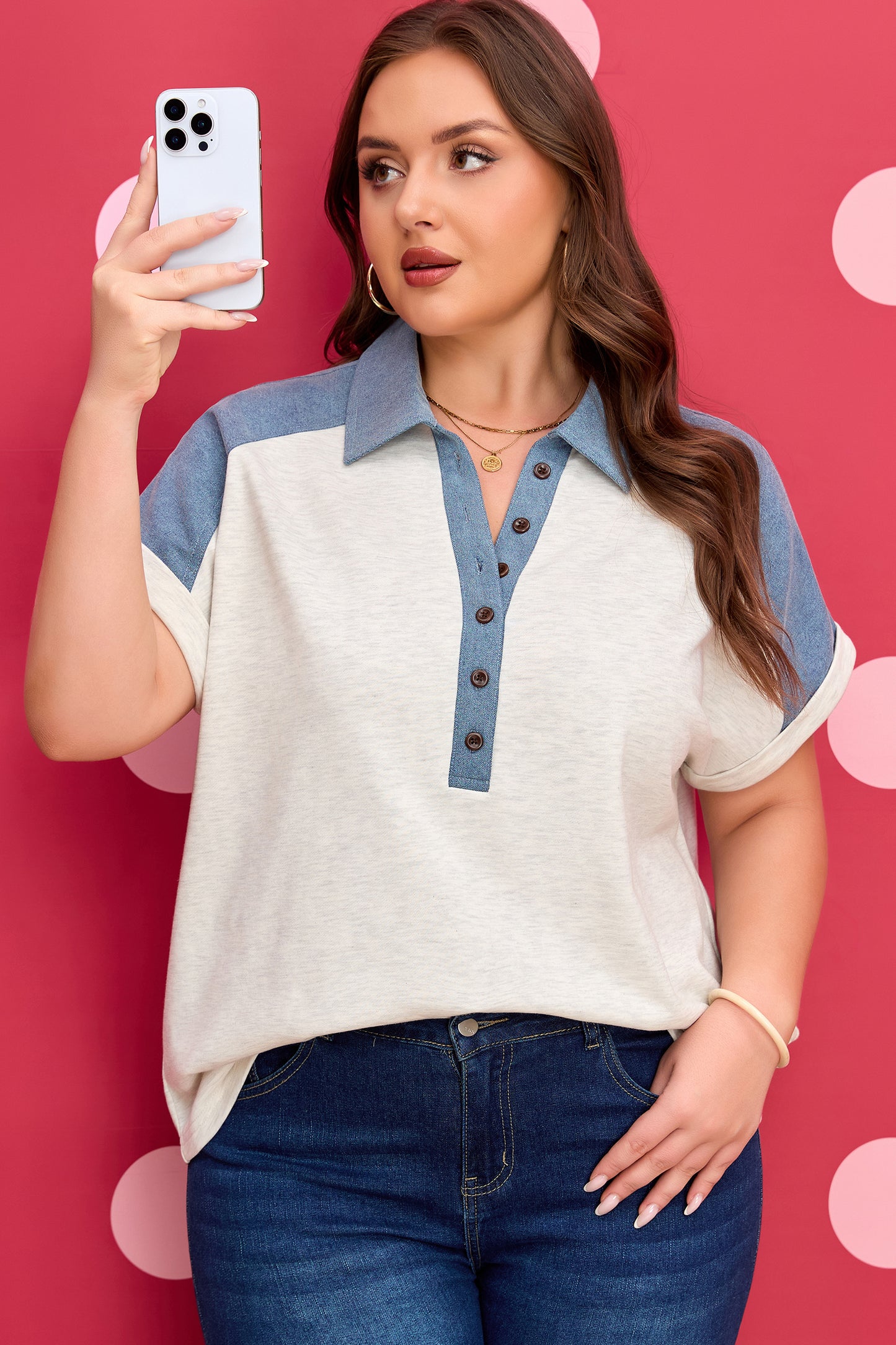 Plus Size Contrast Denim Patchwork Cuffed Sleeve Polo Tee