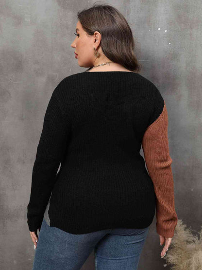 plus-size-two-tone-surplice-neck-sweater