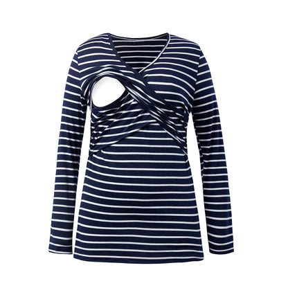 Autumn new V-neck long sleeved striped maternity postpartum clothing breastfeeding T-shirt - Plus Size Clothing