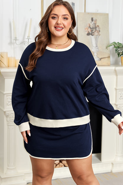 Plus Size Color Block Drop Shoulder Top and Lace-Up Skirt Set - Plus Size XL-4XL - View 5