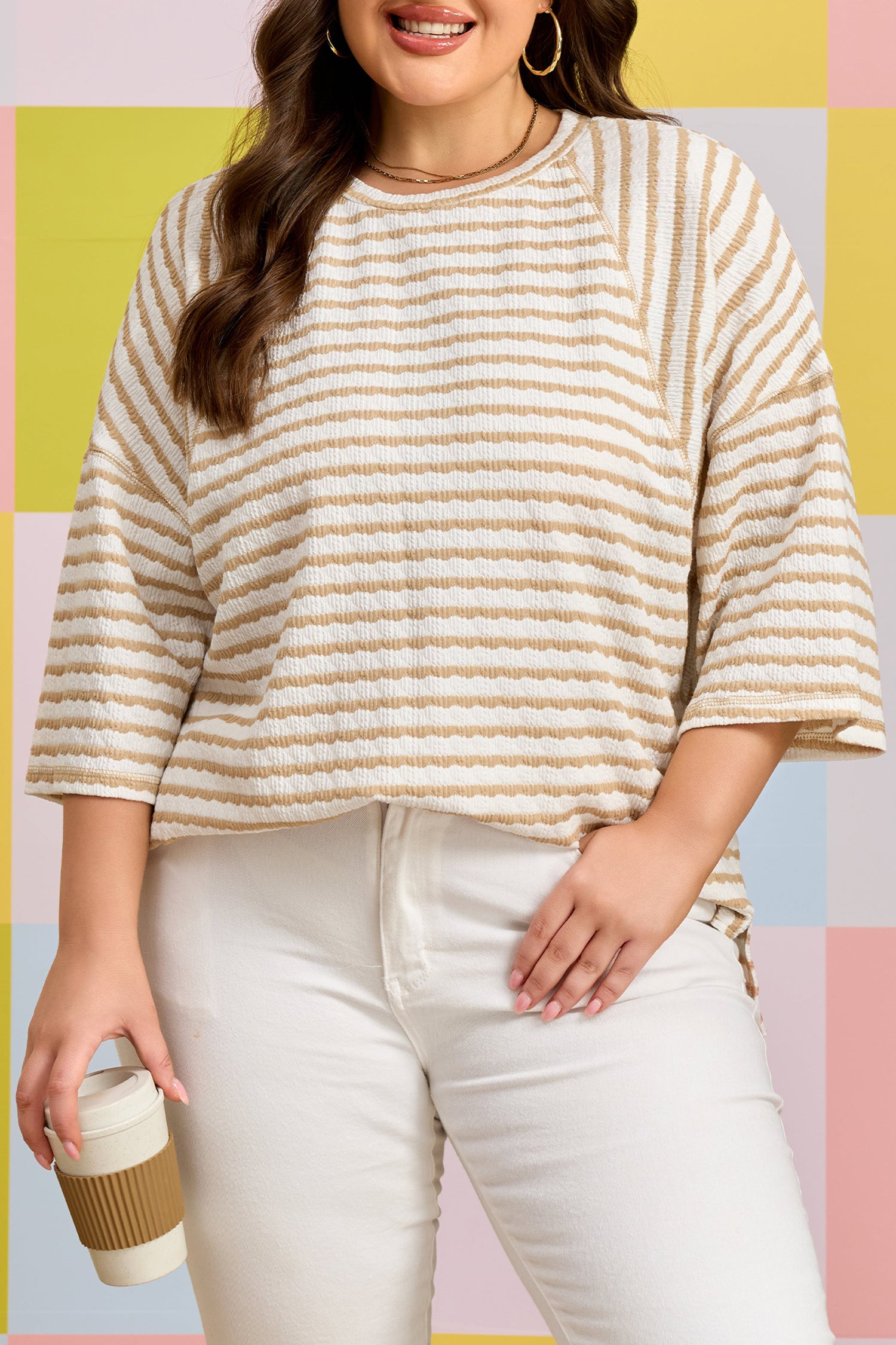 Plus Size Striped Textured Patchwork Half Sleeve Top - Plus Size XL-4XL - View 7