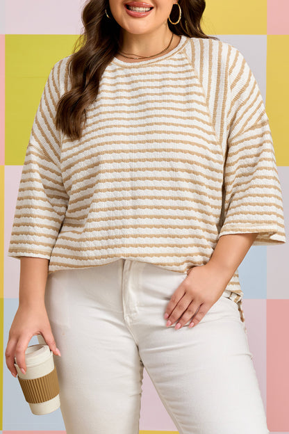 Plus Size Striped Textured Patchwork Half Sleeve Top - Plus Size XL-4XL - View 7