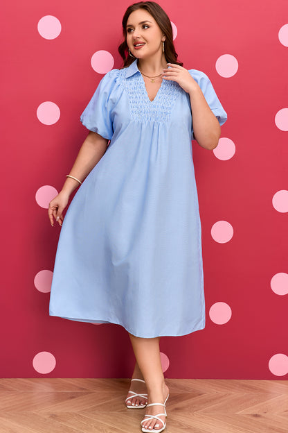 Plus Size Striped Shirred Collar V-Neck Midi Dress - Plus Size XL-4XL - View 7