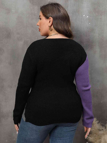 plus-size-two-tone-surplice-neck-sweater
