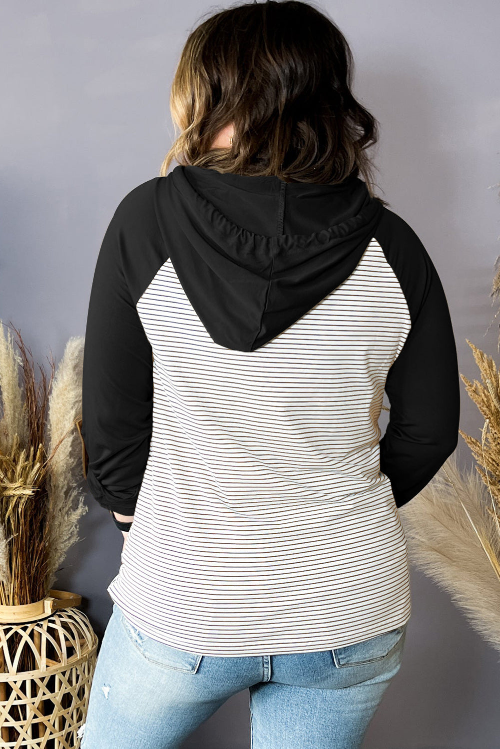 Plus Size Striped Raglan Hoodie with Pocket