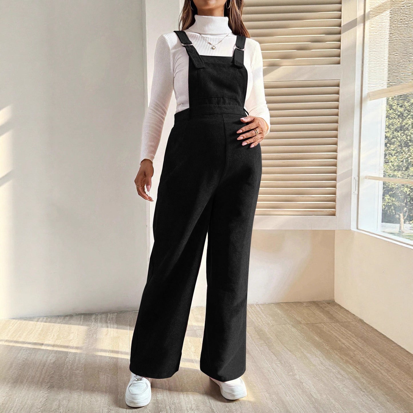 Plus Size Pregnant Elastic Waist Loose Corduroy Overalls