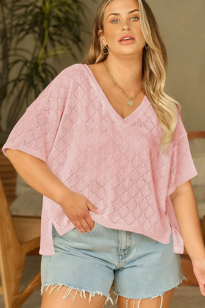 Plus Size Pointelle Rhombus Knit V-Neck Loose Top - Plus Size XL-4XL - View 6