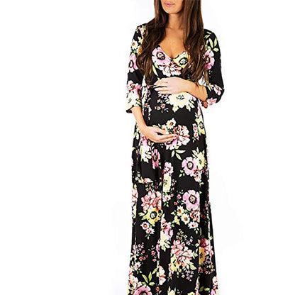 Cross deep V-neck waistband, waist cinched, 3/4 sleeves, floor mopping maternity dress, long dress - Plus Size Clothing