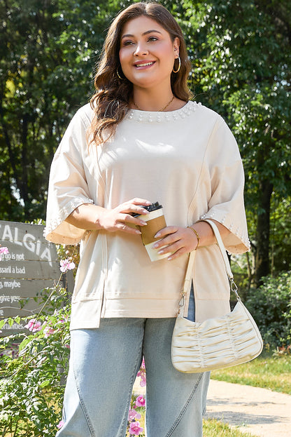 Plus Size Pearl Decor Crew Neck Half Sleeve T Shirt