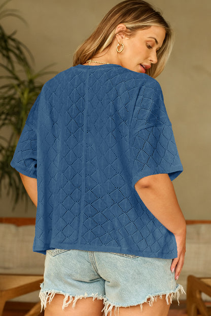Plus Size Pointelle Rhombus Knit V-Neck Loose Top - Plus Size XL-4XL - View 14
