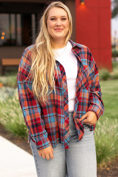 Plus Size Red Plaid Print Buttoned Shirt - Plus Size XL-4XL - View 1