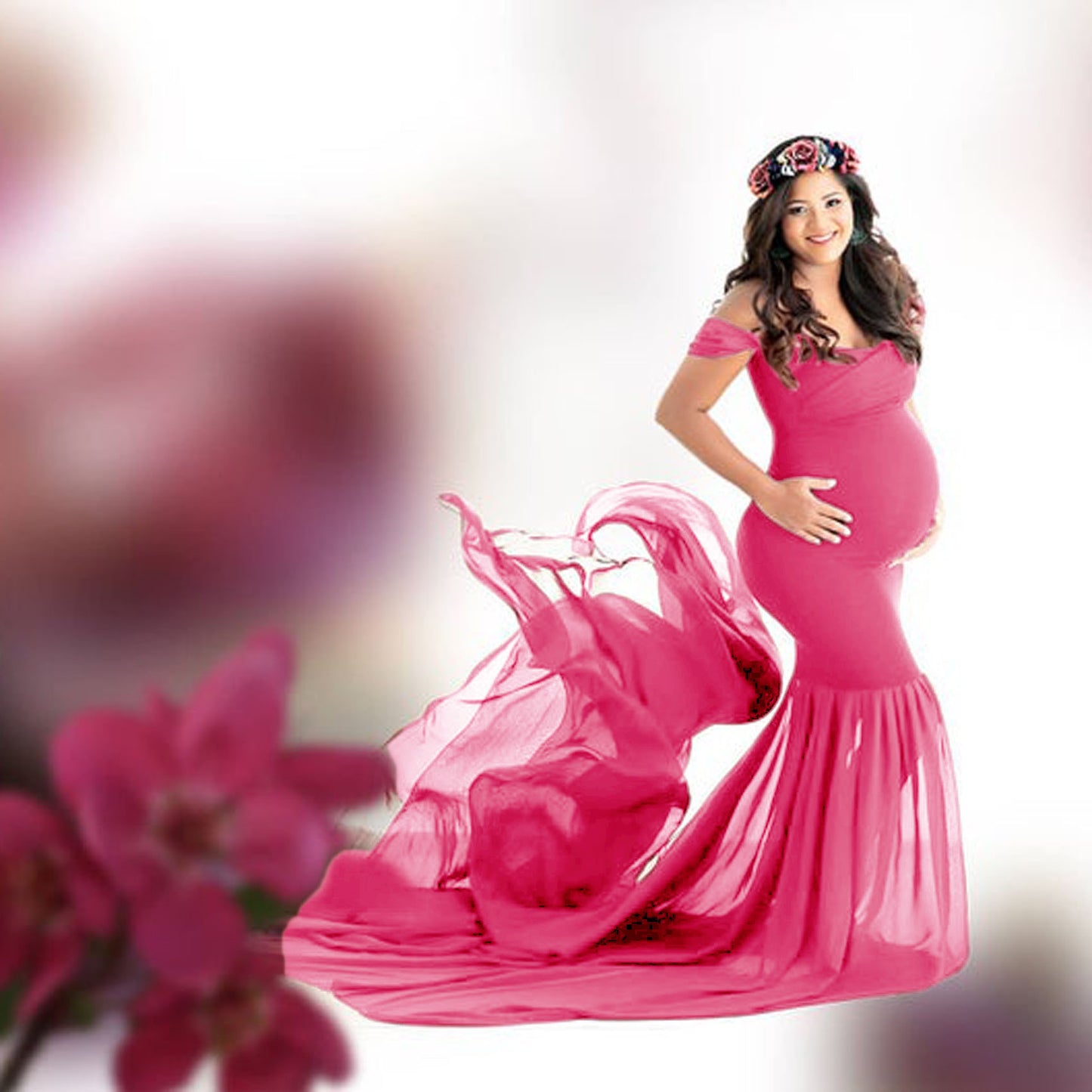 Plus Size Mercerized Cotton Chiffon Flutter Sleeve Maxi Dress