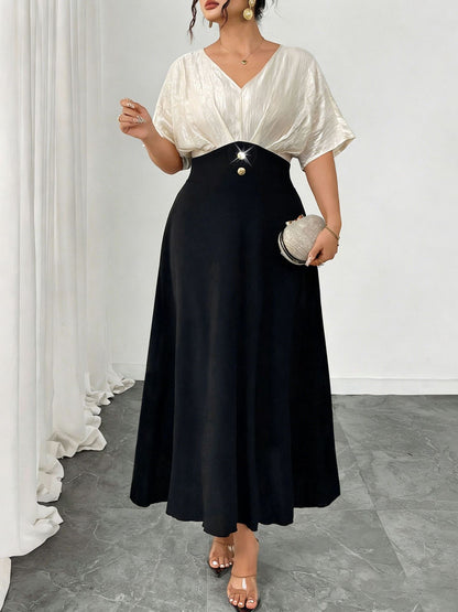 Plus Size V-Neck A-Line Maxi Dress - Plus Size Clothing