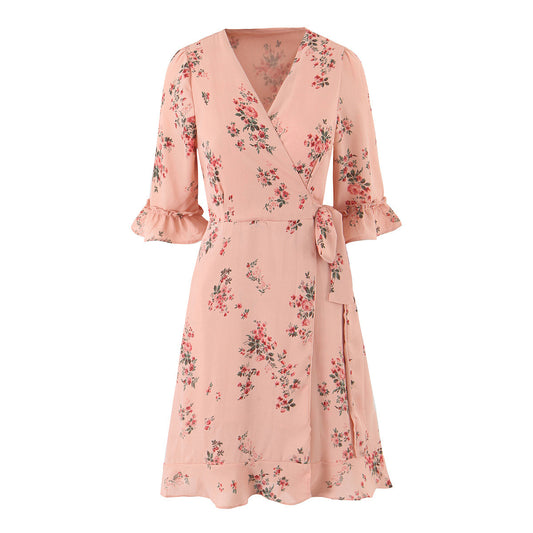 Plus Size V-Neck Ruffle Hem 3/4 Sleeve Dress