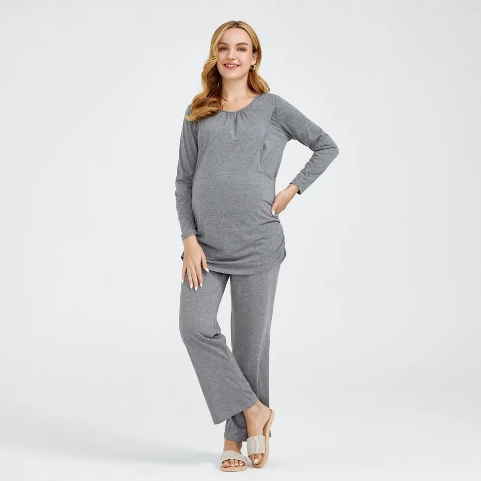 New European and American solid color round neck long sleeved pants lactating maternity suit - Plus Size Clothing