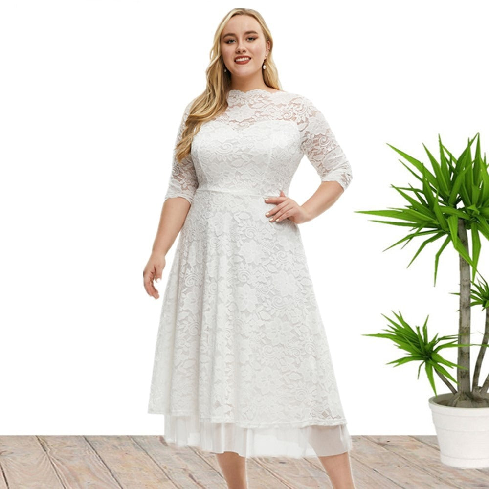 Plus Size Lace Evening Dress High Waist