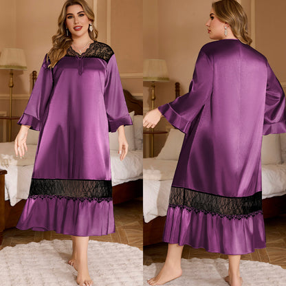 Plus Size Summer Long Sleeve Lace Nightgown - Plus Size Clothing