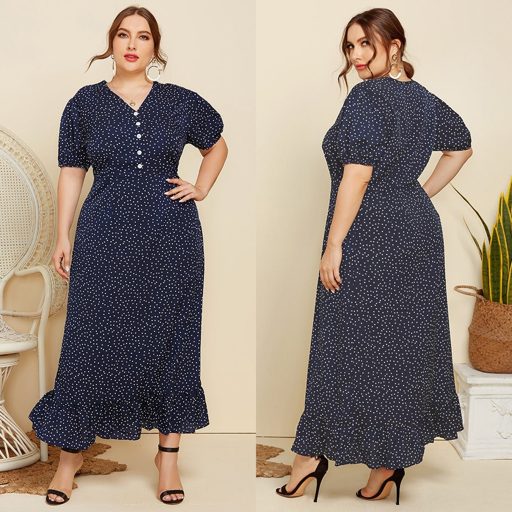 Large Size Women Summer Polka Dot Fashion Short Sleeved Plus Fat Long Fashion Dress JR052 - Plus Size Clothing