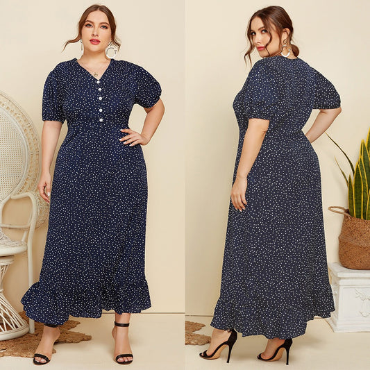Large Size Women Summer Polka Dot Fashion Short Sleeved Plus Fat Long Fashion Dress JR052 - Plus Size Clothing