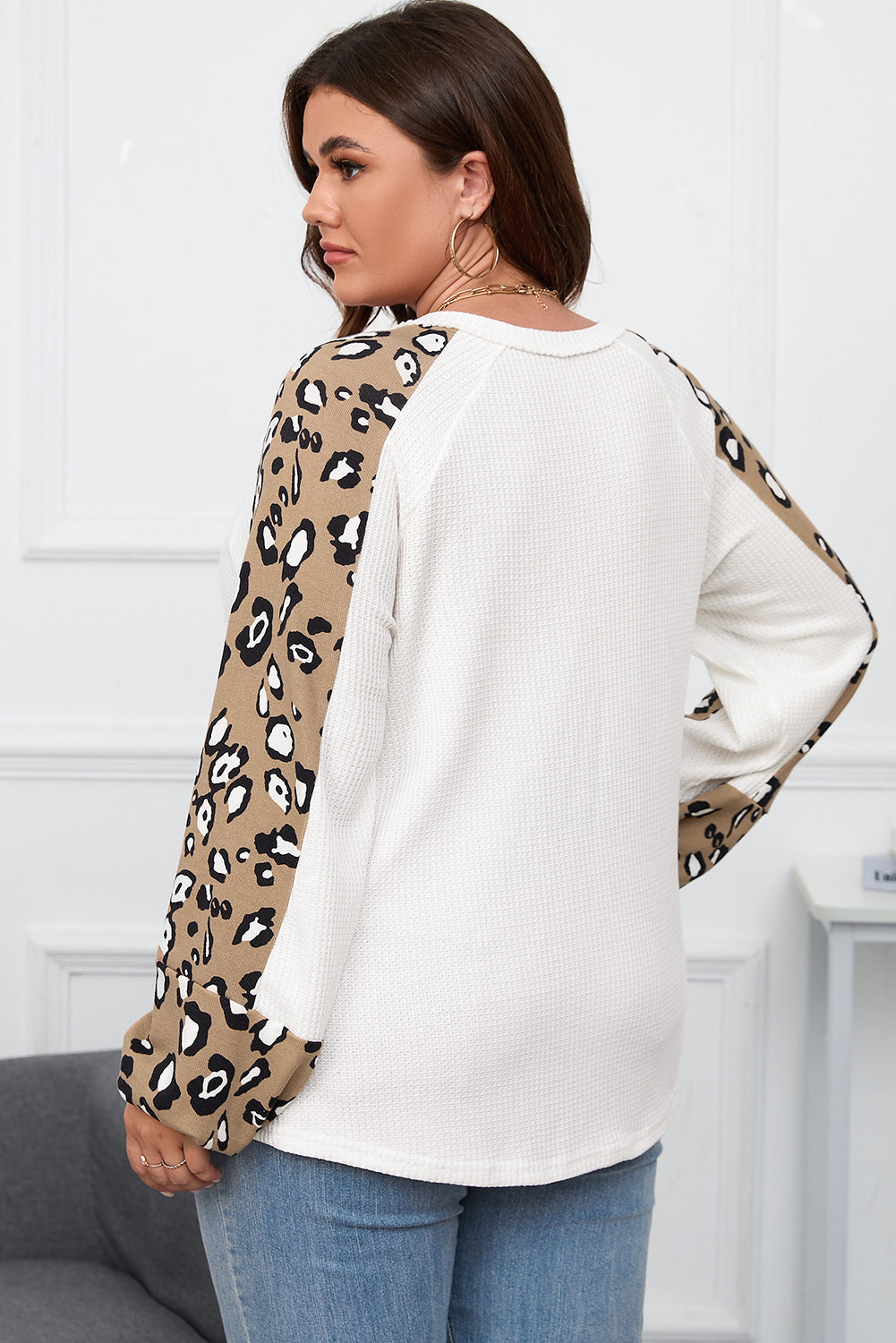 Plus Size Leopard Print Waffle Knit Long Sleeve Top