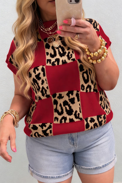 Plus Size Leopard Checkered Short Sleeve Sweater - Plus Size Clothing