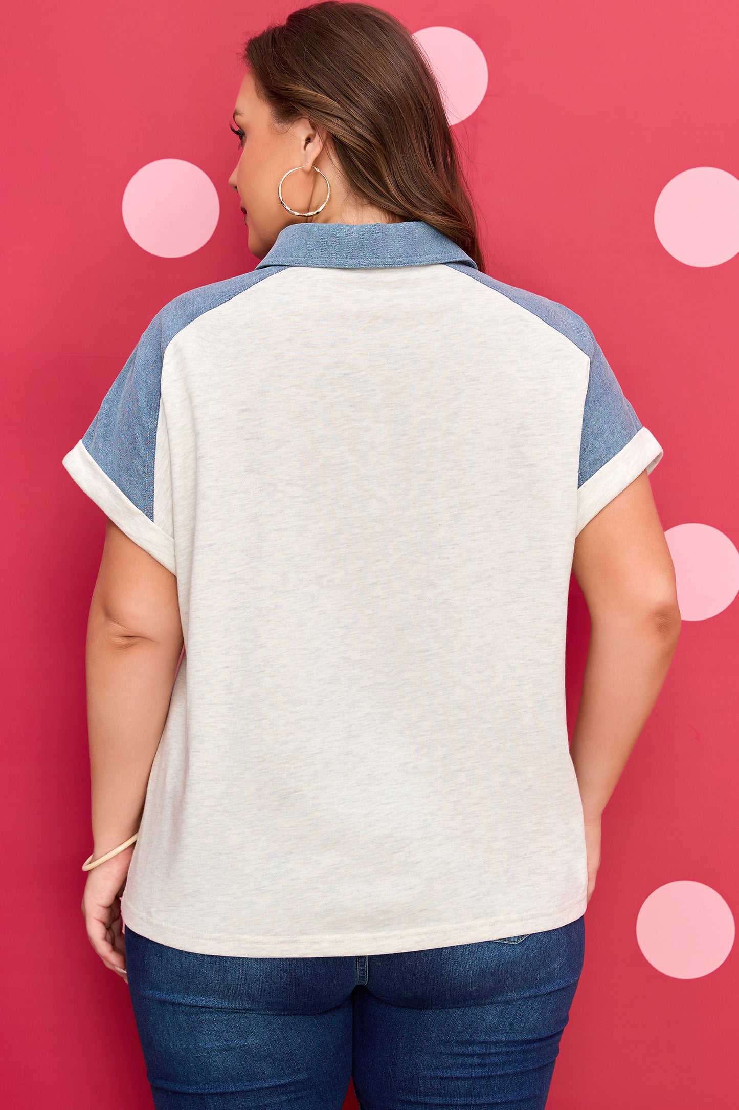 Plus Size Contrast Denim Patchwork Cuffed Sleeve Polo Tee