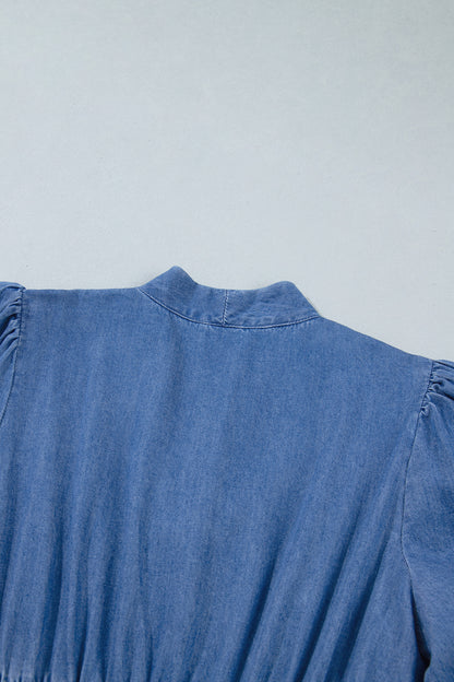 Plus Size V Neck Shirred Waist Denim Midi Dress - Plus Size Clothing