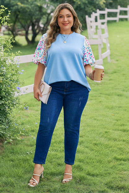 Plus Size Textured Bodice Floral Puff Sleeve Top - Plus Size Clothing