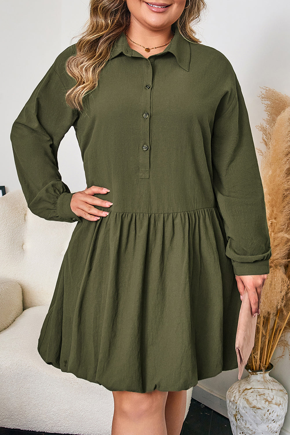 Plus Size Collar Half Button Long Sleeve Mini Dress - Plus Size XL-4XL - View 7