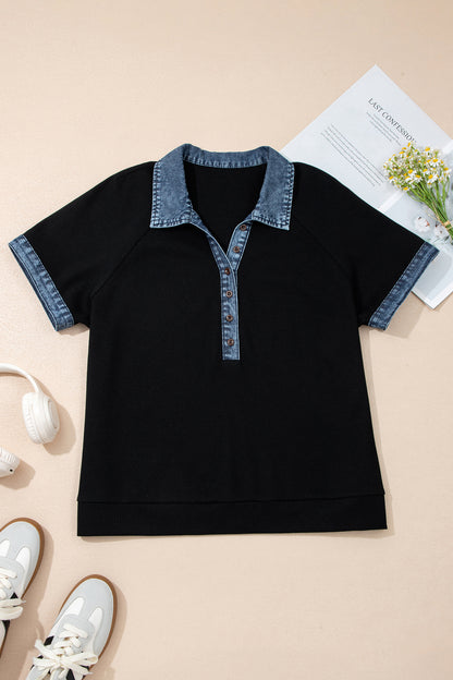 Plus Size Textured Contrast Denim Patchwork Polo Tee - Plus Size Clothing