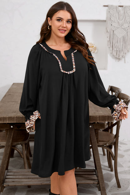 Plus Size Notched Neck Leopard Trim Flounce Dress - Plus Size XL-4XL - View 3