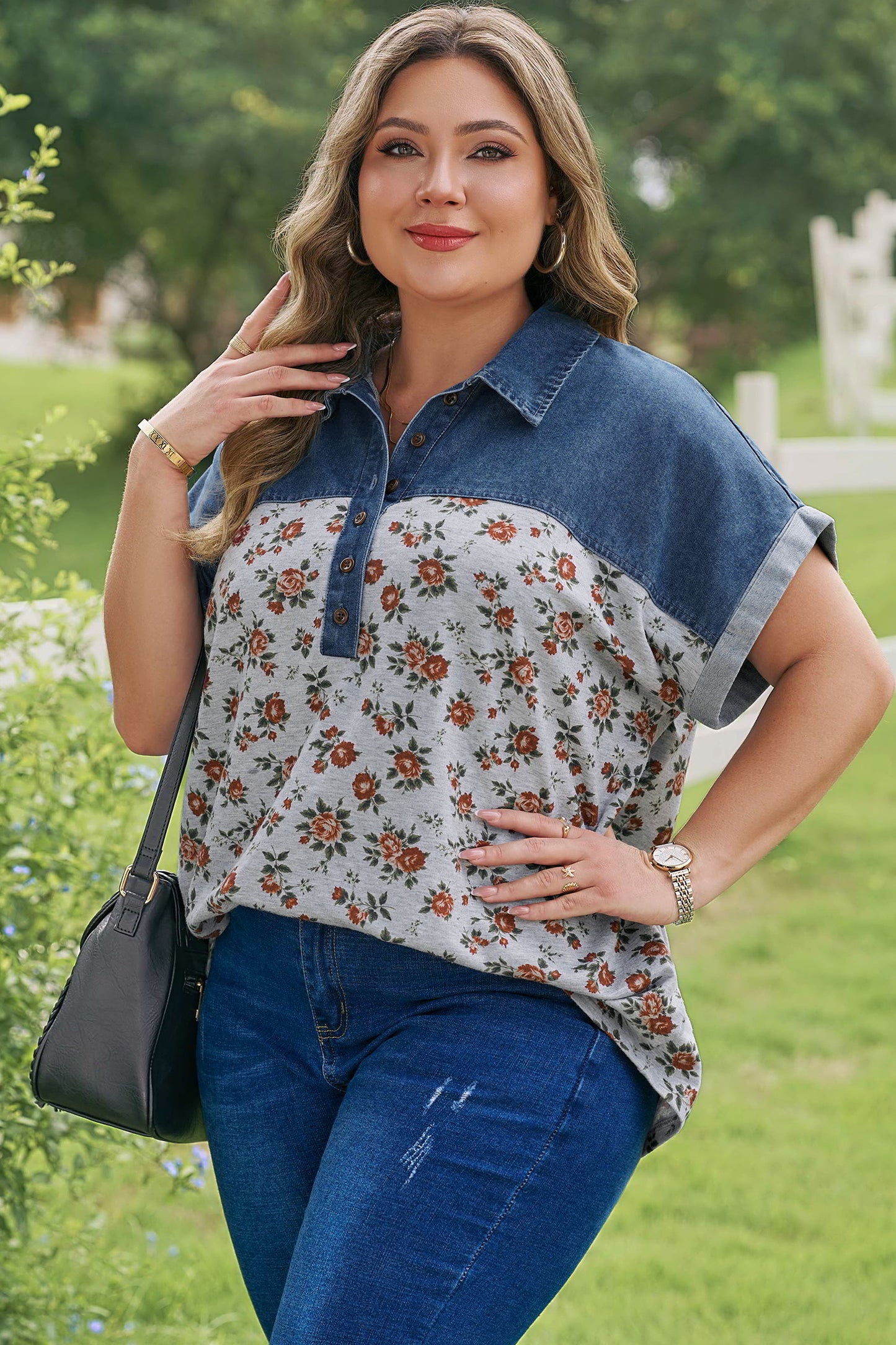 Plus Size Retro Floral Denim Patchwork Polo Tee