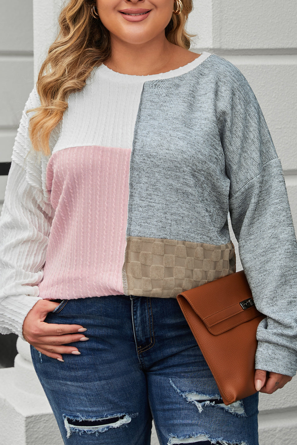 Plus Size Cable Knit Colorblock Long Sleeve Top