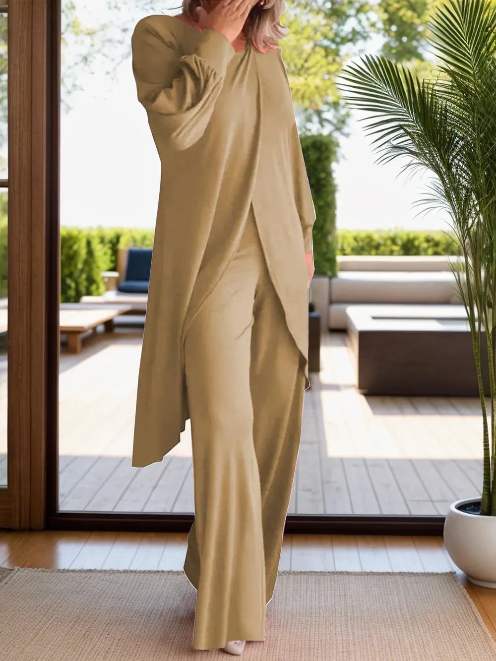 Plus Size Long Sleeve Wide Leg Pants Set