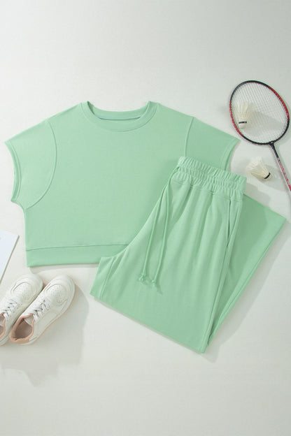Plus Size Ribbed Short Sleeve Top and Drawstring Pants Set - Plus Size Clothing