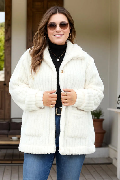 Plus Size Collared Fuzzy Button-Down Outerwear - Plus Size XL-4XL - View 1