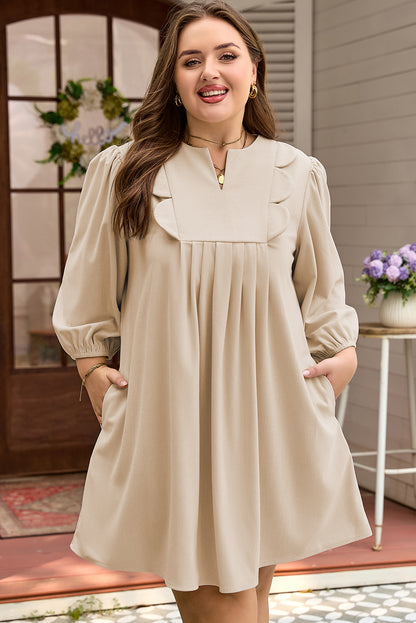 Plus Size Notched Neck Scallop Detail Mini Dress - Plus Size XL-4XL - View 7