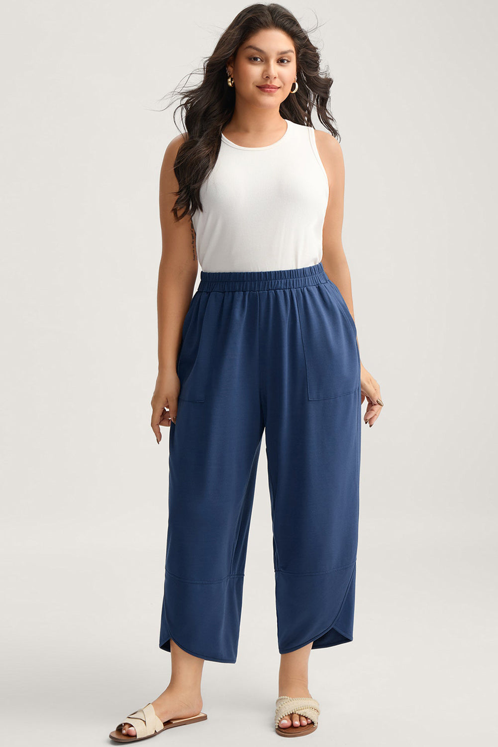 Plus Size Elastic Waist Asymmetrical Hem Loose Capris Pants