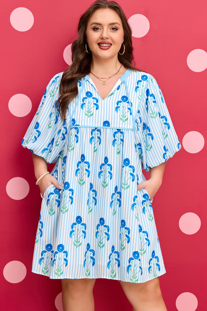 Plus Size Floral Striped Bubble Sleeve Dress - Plus Size XL-4XL - View 5