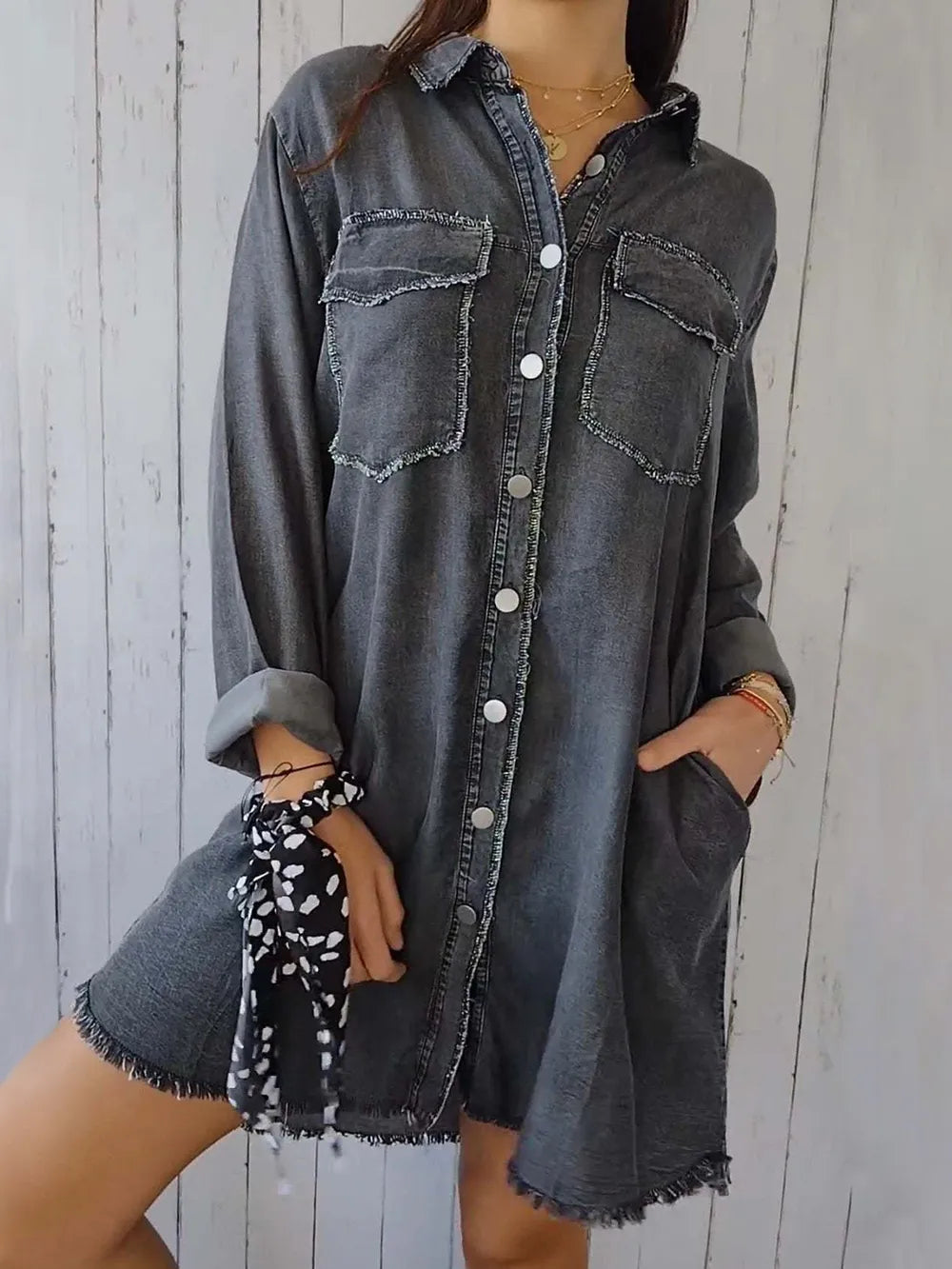 Plus Size Raw Hem Button Up Long Sleeve Denim Top