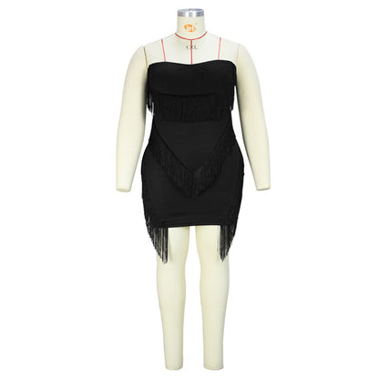 Plus Size Sexy Black Tube Top Fringed Strapless Dress - Plus Size Clothing