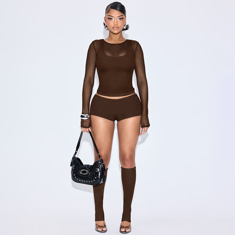 Plus Size Solid Color Mesh 4-Piece Set